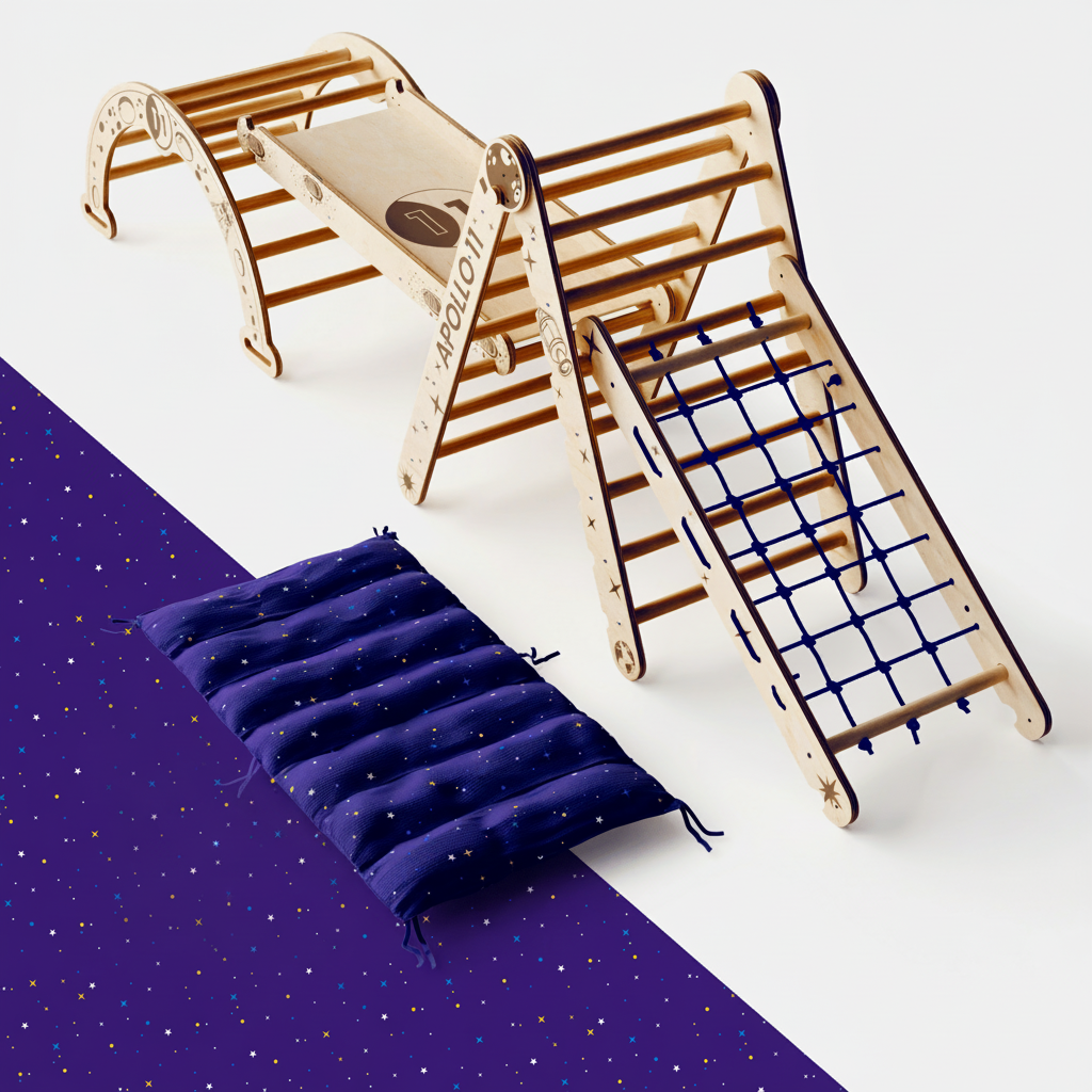 Apollo 5-in-1 Kletterset: Pikler-Dreieck, Kletterbogen, Rutschbrett, Kissen und Netz für kleine Astronauten-4