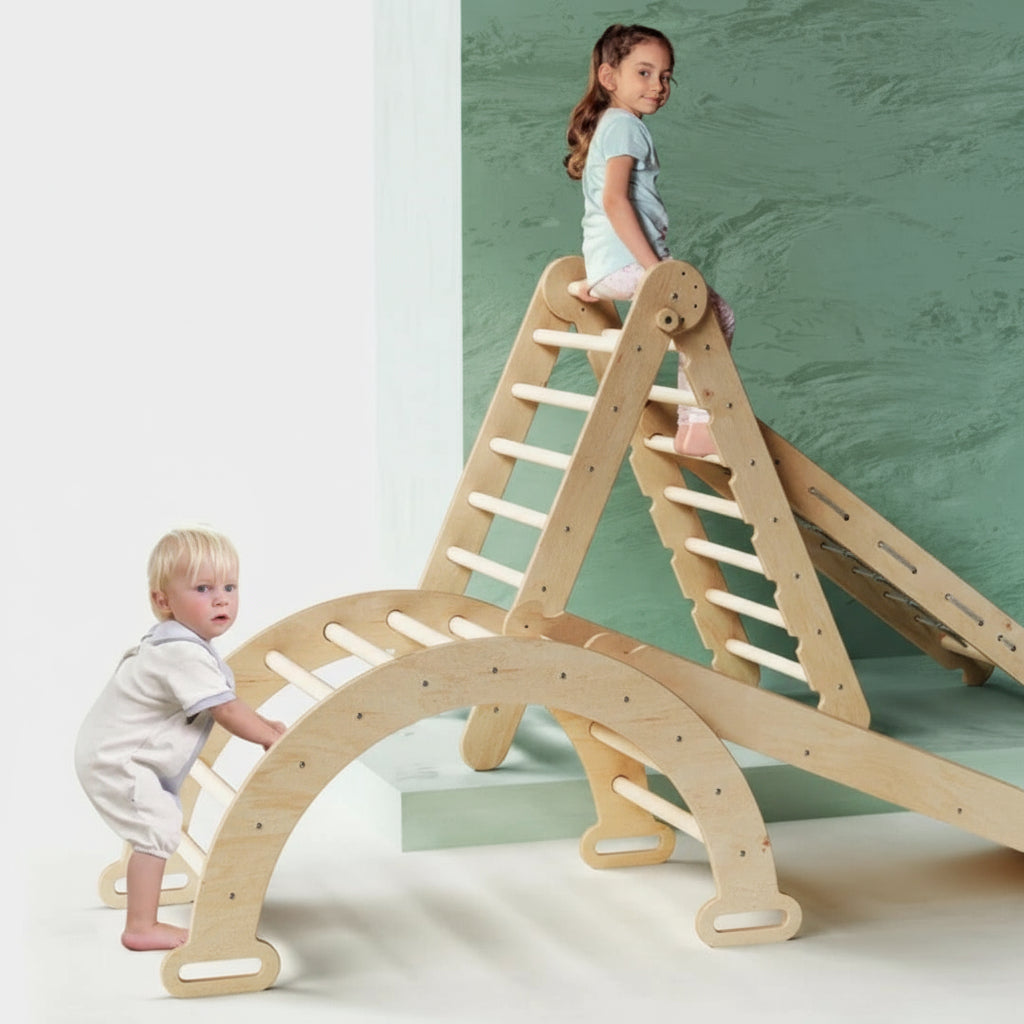 4in1 Montessori Klettergerüst Set: Kletterdreieck mit Rutsche, Kletterbogen, Kletternetz, für Kinder 1-7 Jahre – Beige-4