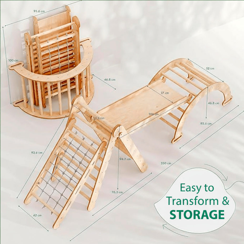 4in1 Montessori Klettergerüst Set: Kletterdreieck mit Rutsche, Kletterbogen, Kletternetz, für Kinder 1-7 Jahre – Beige-1