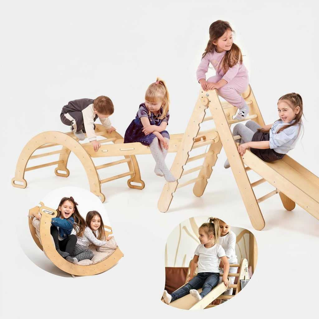 4in1 Montessori Klettergerüst Set: Kletterdreieck mit Rutsche, Kletterbogen, Kletternetz, für Kinder 1-7 Jahre – Beige-2
