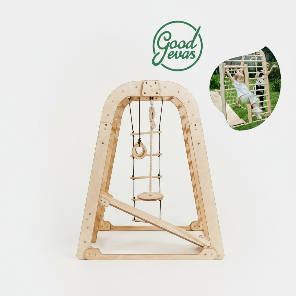 6in1 Indoor Spielplatz für Kinder: Klettergerüst mit Kletternetz, Rutsche, Gymnastikringe, Hängende Leiter und Disc-Schaukel – Beige-1