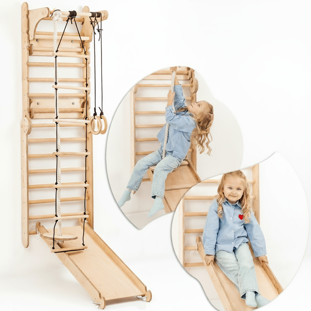 8in1 Kletterwand Indoor: Sprossenwand, Gymnastikringe, Hängende Leiter, Disc-Schaukel, Rutsche, Klimmzugstange, Maltafel und Kinderstuhl für Kinder – Beige-3