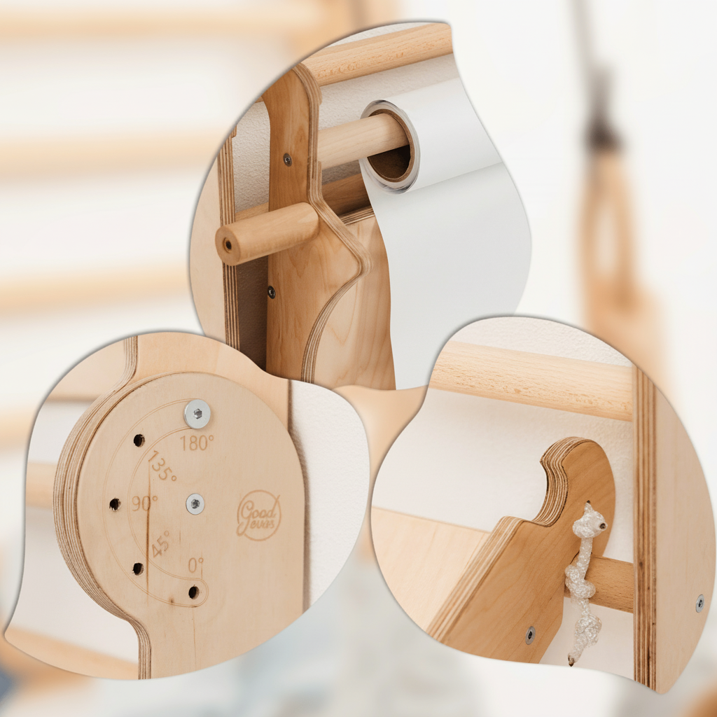 8in1 Kletterwand Indoor: Sprossenwand, Gymnastikringe, Hängende Leiter, Disc-Schaukel, Rutsche, Klimmzugstange, Maltafel und Kinderstuhl für Kinder – Beige-4