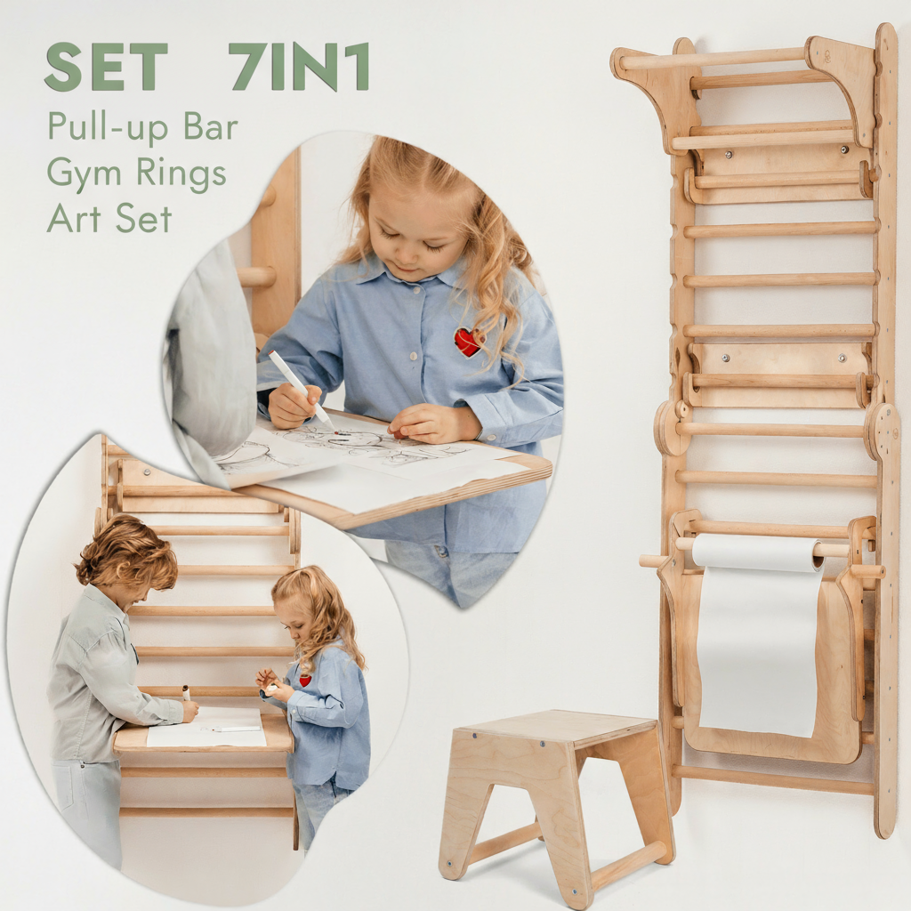 8in1 Kletterwand Indoor: Sprossenwand, Gymnastikringe, Hängende Leiter, Disc-Schaukel, Rutsche, Klimmzugstange, Maltafel und Kinderstuhl für Kinder – Beige-2