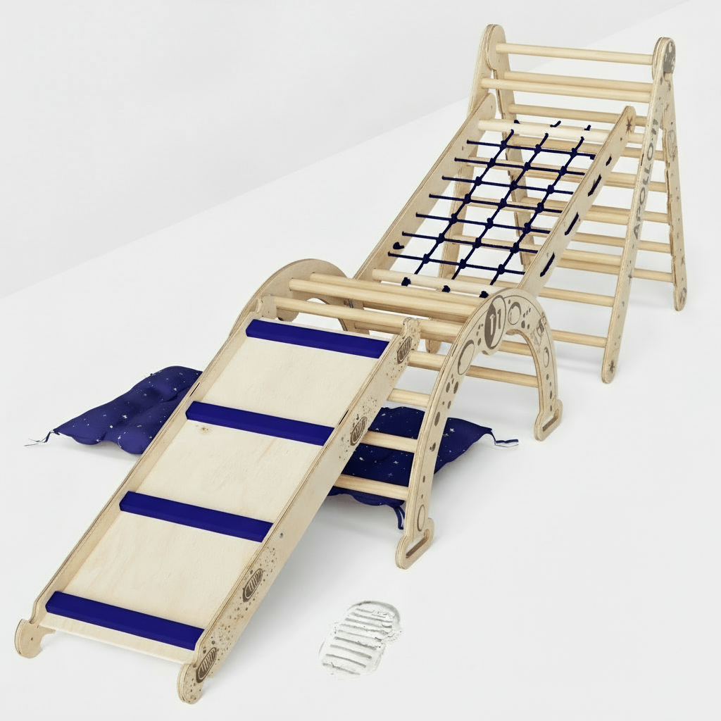 Apollo 5-in-1 Kletterset: Pikler-Dreieck, Kletterbogen, Rutschbrett, Kissen und Netz für kleine Astronauten-2