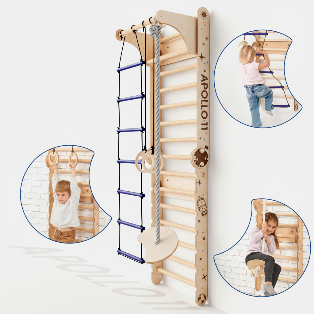 Apollo Schwedische Wand / Kletterleiter für kleine Astronauten + Mondschaukel-Set + Rutschbrett-3