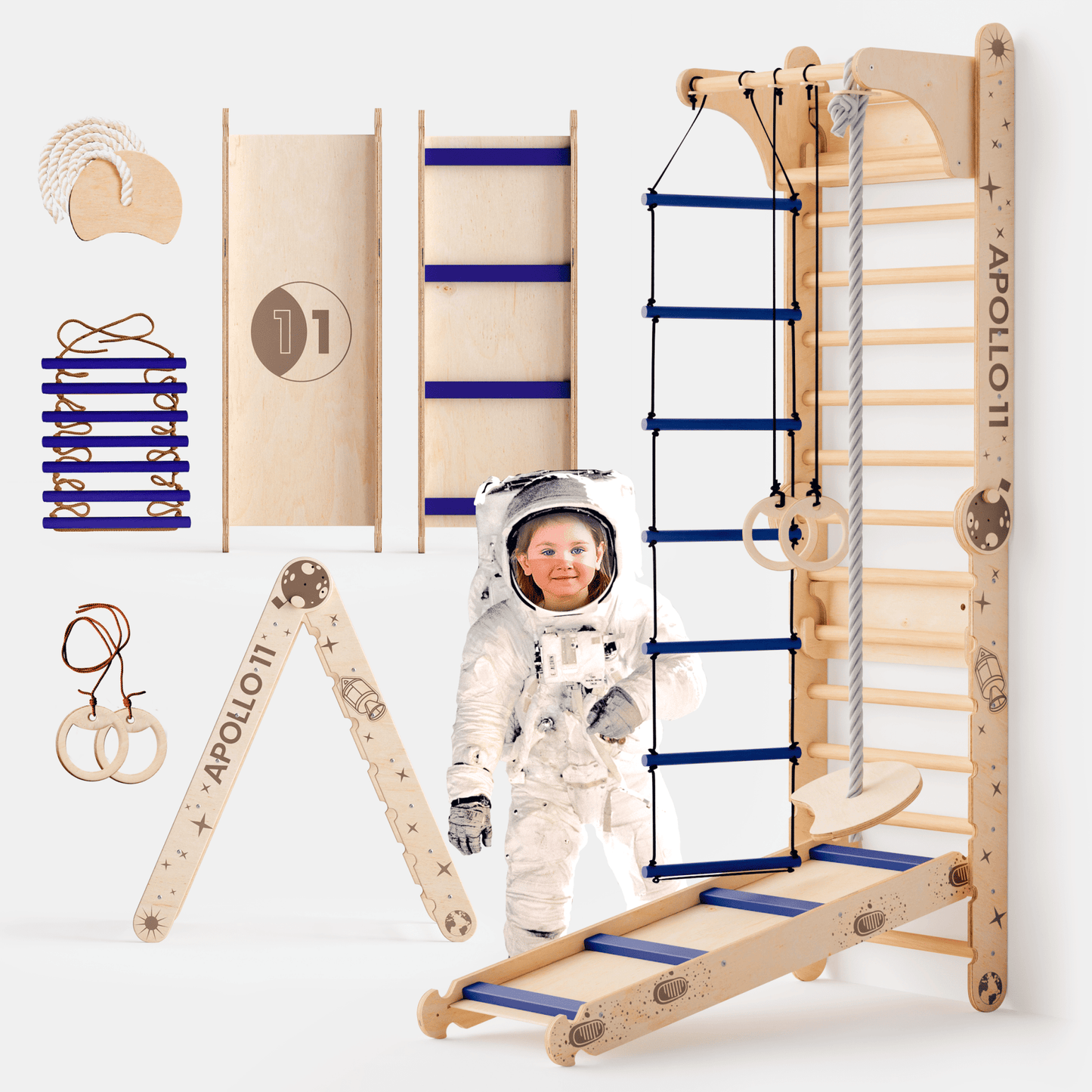 Apollo Schwedische Wand / Kletterleiter für kleine Astronauten + Mondschaukel-Set + Rutschbrett-0
